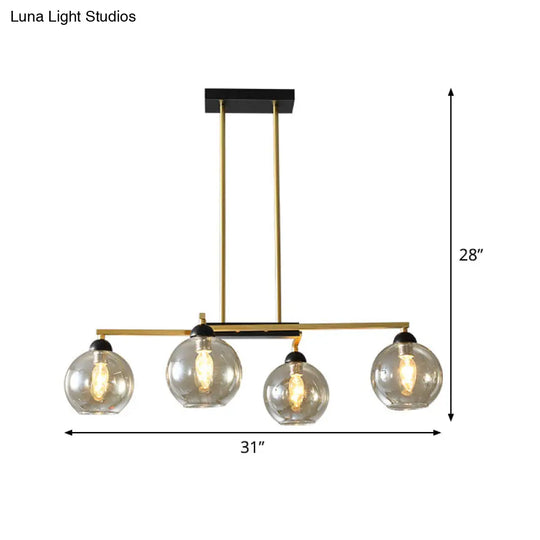 Brass 4-Light Linear Chandelier With Clear Globe Glass Shade For Dining Room Down Lighting