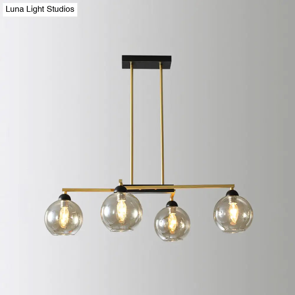 Brass 4-Light Linear Chandelier With Clear Globe Glass Shade For Dining Room Down Lighting