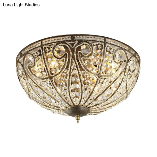 Brass 4-Light Rustic Metal And Crystal Dome Flush Mount Ceiling Light