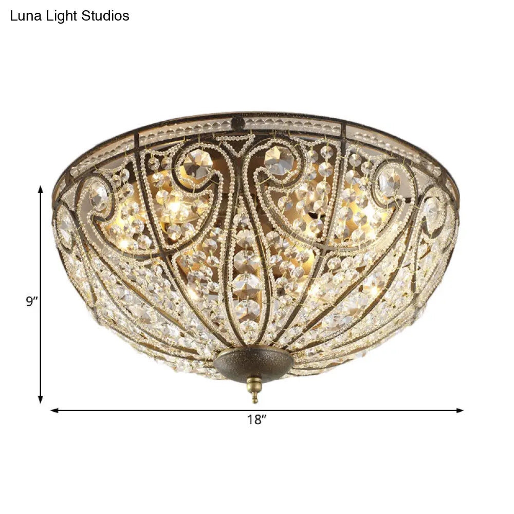 Brass 4-Light Rustic Metal And Crystal Dome Flush Mount Ceiling Light