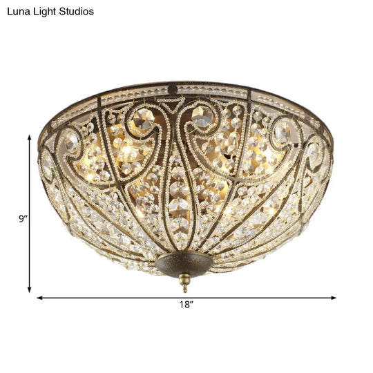 Brass 4-Light Rustic Metal And Crystal Dome Flush Mount Ceiling Light