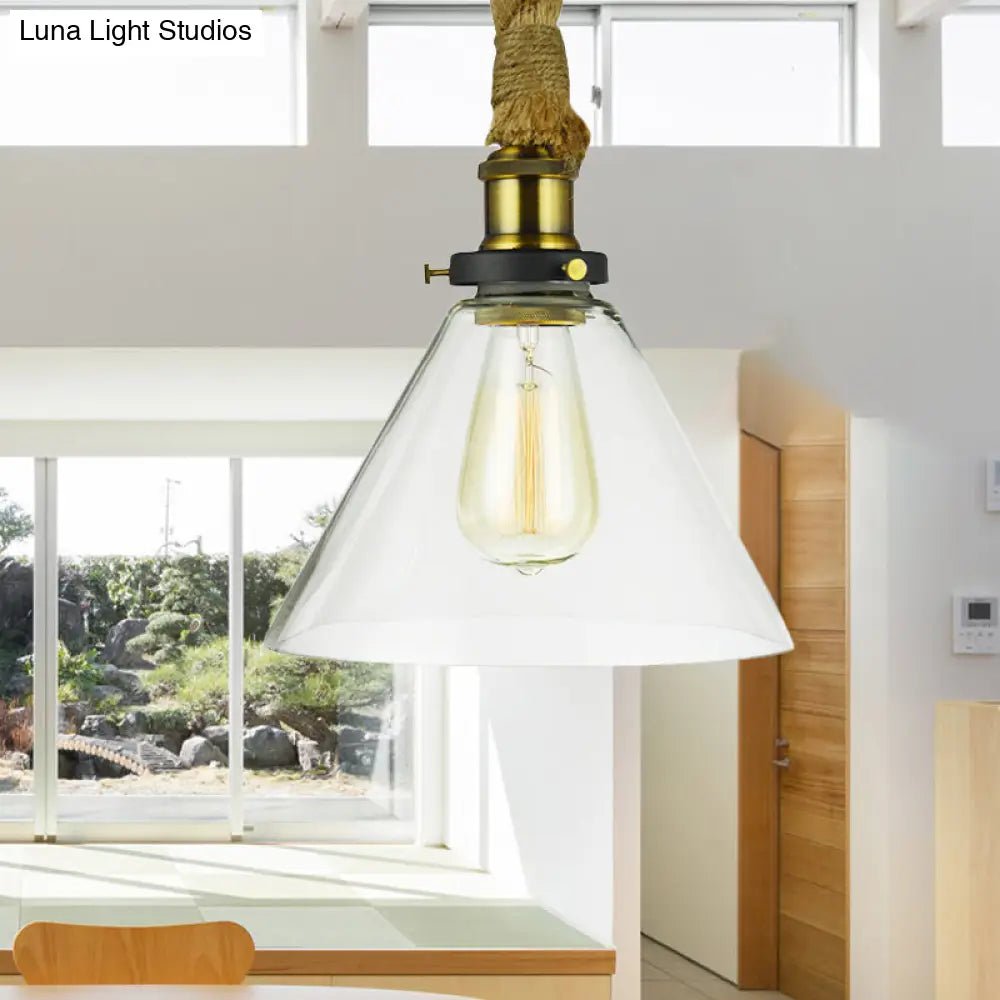 Brass Cone Suspension Pendant Light Industrial Style With Clear Glass & Adjustable Rope