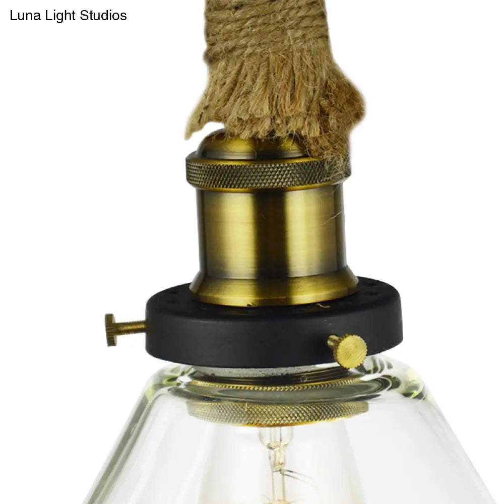 Brass Adjustable Rope Cone Pendant Light With Clear Glass - Industrial Style