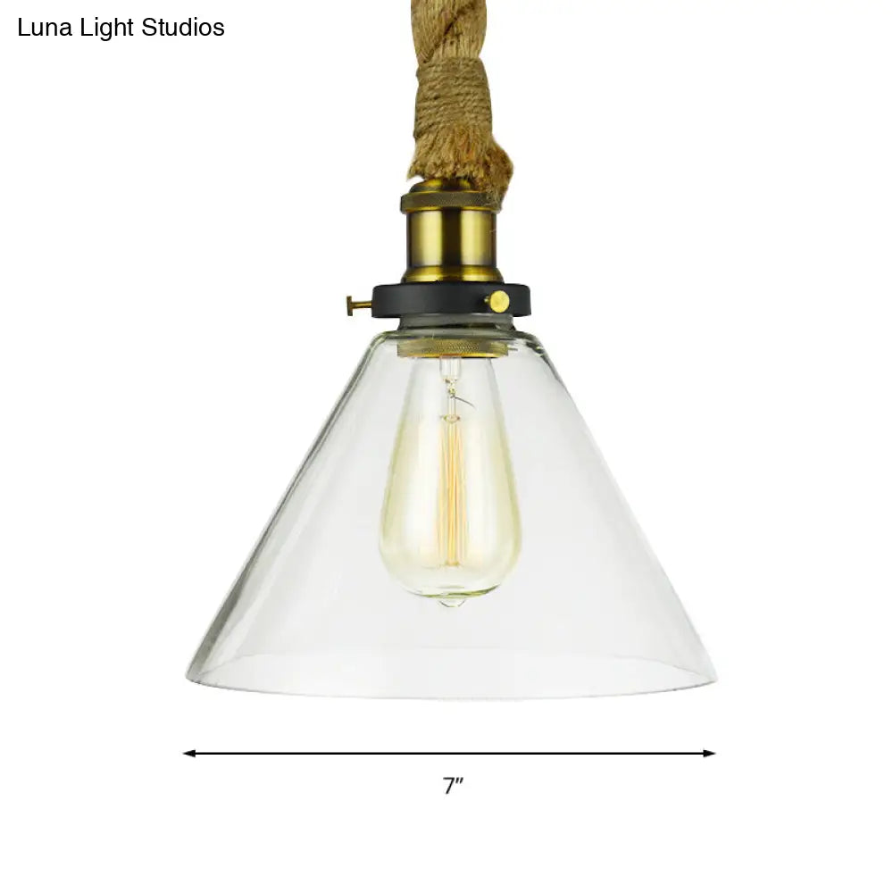 Brass Cone Suspension Pendant Light Industrial Style With Clear Glass & Adjustable Rope