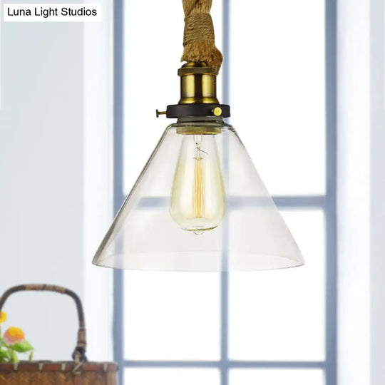 Brass Cone Suspension Pendant Light Industrial Style With Clear Glass & Adjustable Rope