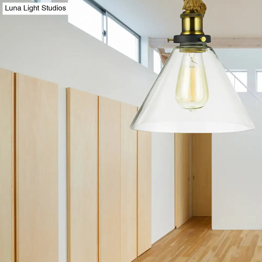 Brass Cone Suspension Pendant Light Industrial Style With Clear Glass & Adjustable Rope