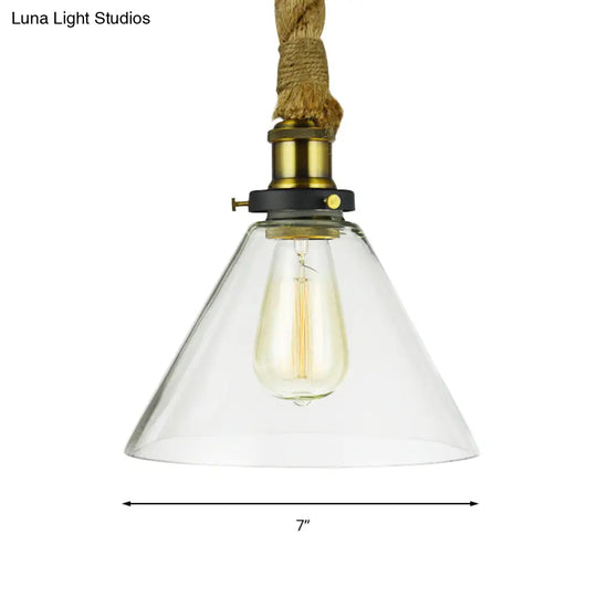 Brass Adjustable Rope Cone Pendant Light With Clear Glass - Industrial Style