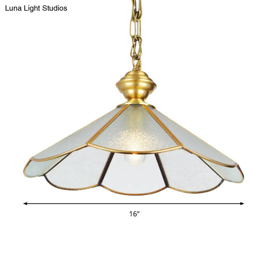 Brass And Frosted Glass Cone Pendant Light With Simple Style 1 Bulb - Available In 12 Or 16 Width