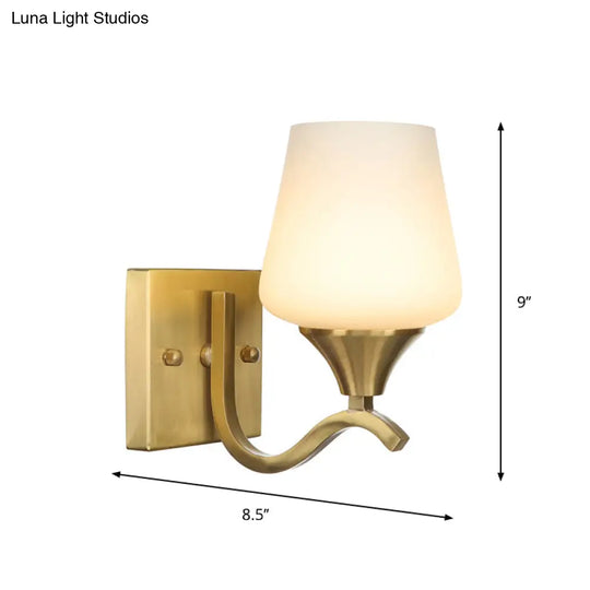 Brass Antique Wall Lamp Fixture With Frosted White Glass Tulip Shade - 1-Light Mount Light