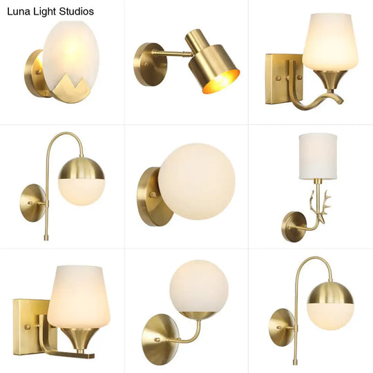 Brass Antique Wall Lamp Fixture With Frosted White Glass Tulip Shade - 1-Light Mount Light