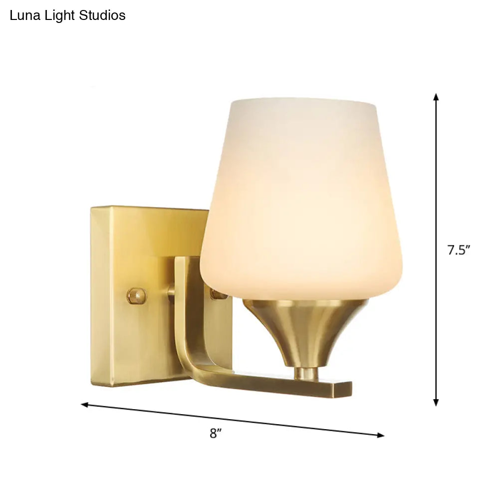 Brass Antique Wall Lamp Fixture With Frosted White Glass Tulip Shade - 1-Light Mount Light