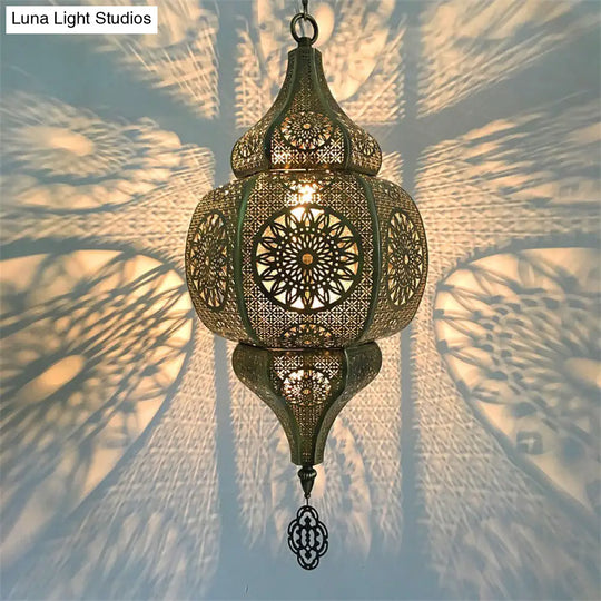 Brass Antiqued Gourd Pendant Lamp - Elegant 1-Head Suspension Light For Restaurants