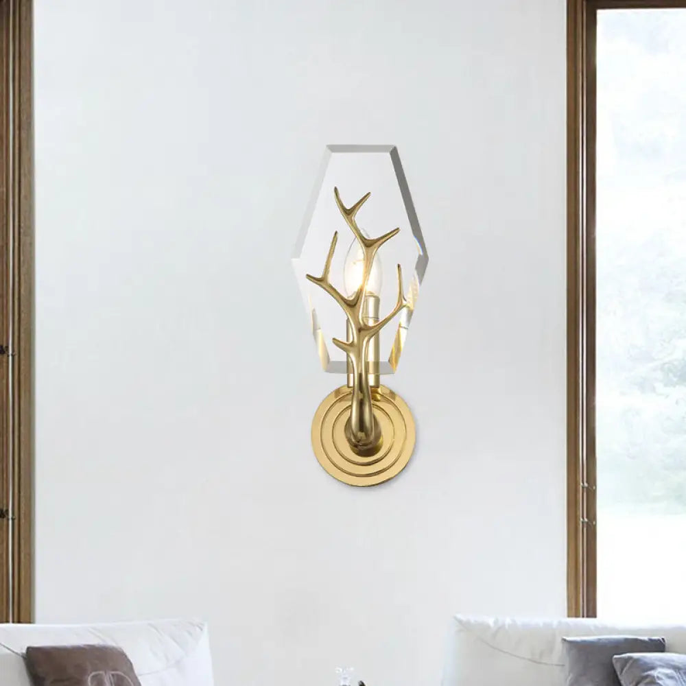 Brass Antler Arm Wall Sconce With Crystal Panel Modern Design & 1-Bulb Mount Lighting