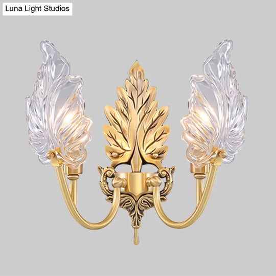 Brass Arched Wall Sconce With Clear Glass And Palm Leaf Design 1-2 Lights