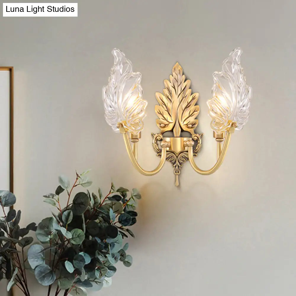 Brass Arched Wall Sconce With Clear Glass And Palm Leaf Design 1-2 Lights