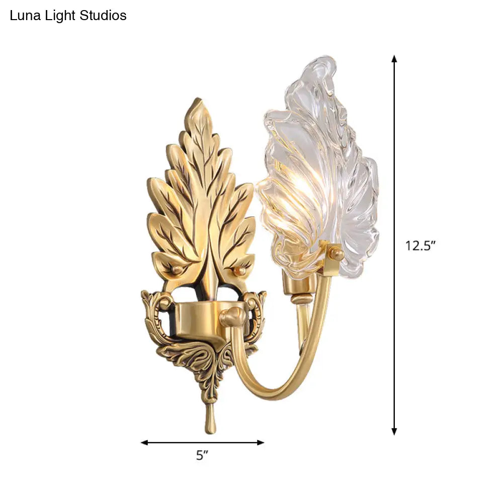 Brass Arched Wall Sconce With Clear Glass And Palm Leaf Design 1-2 Lights