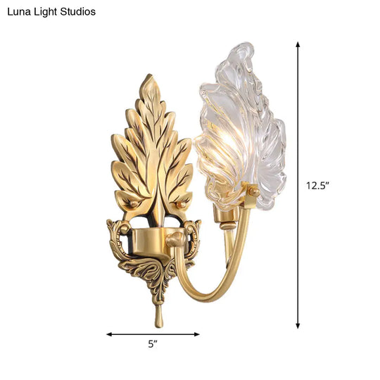 Brass Arched Wall Sconce With Clear Glass And Palm Leaf Design 1-2 Lights