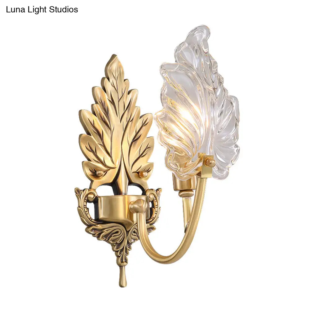 Brass Arched Wall Sconce With Clear Glass And Palm Leaf Design 1-2 Lights