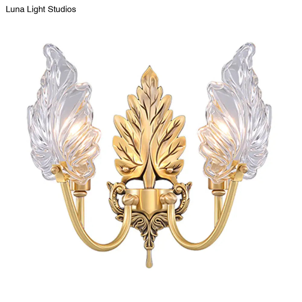 Brass Arched Wall Sconce With Clear Glass And Palm Leaf Design 1-2 Lights