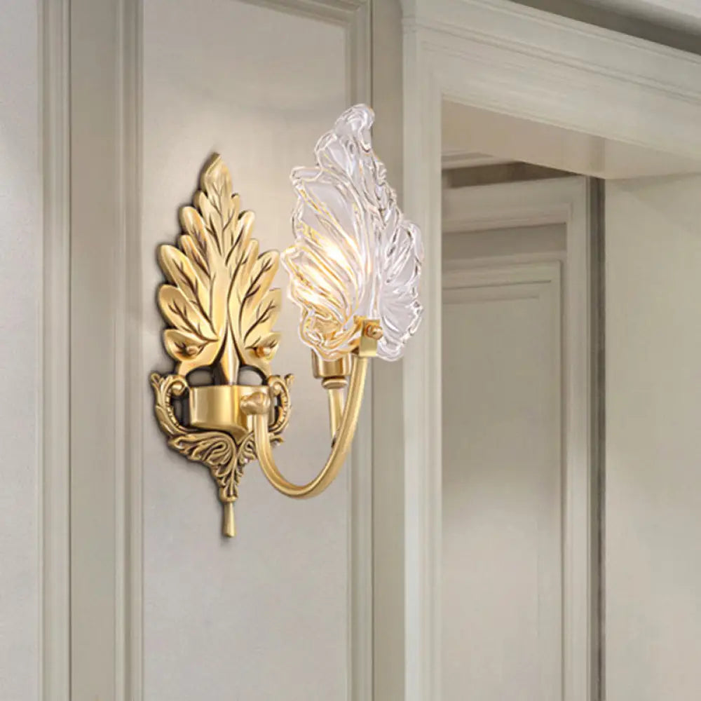 Brass Arched Wall Sconce With Clear Glass And Palm Leaf Design 1-2 Lights 1 /