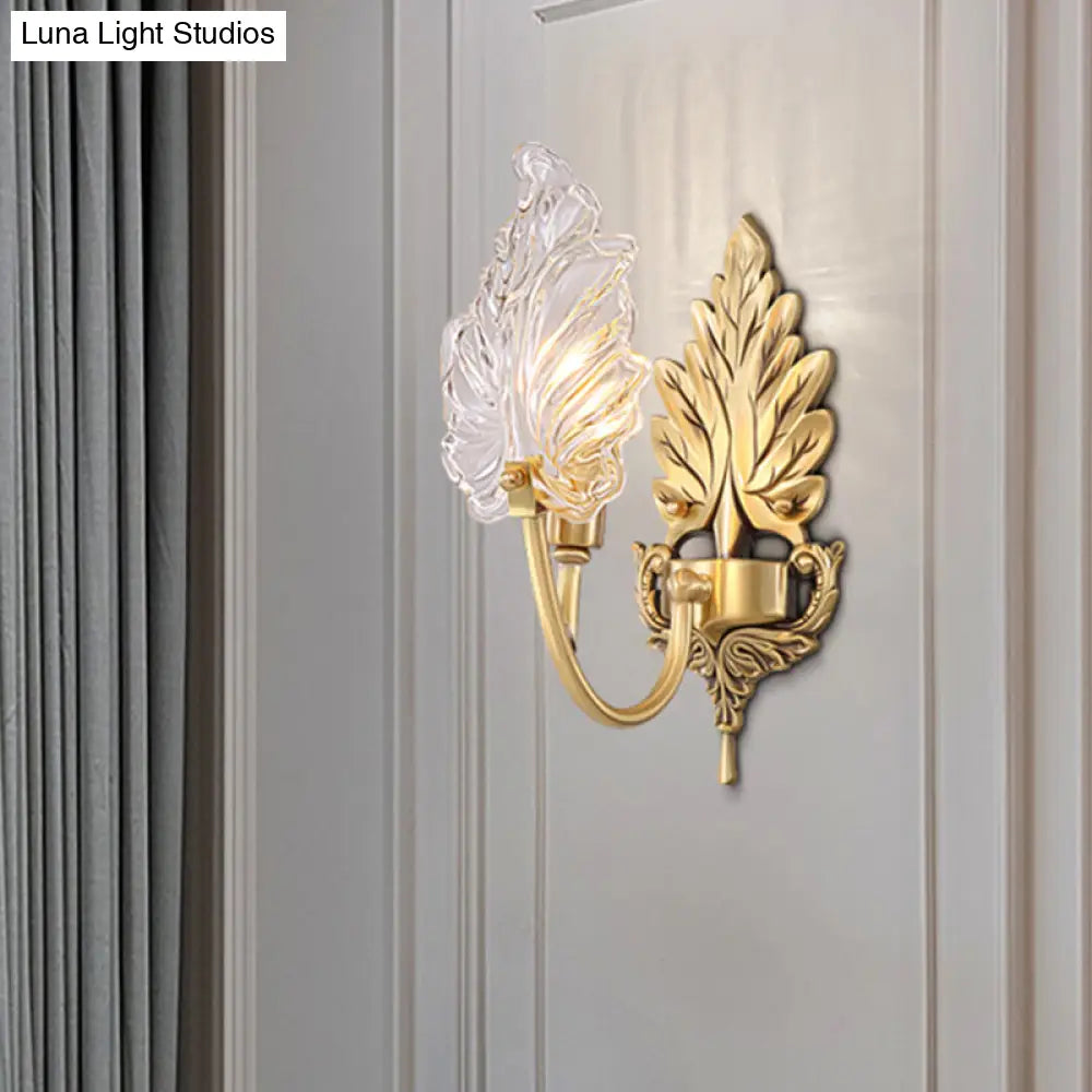 Brass Arched Wall Sconce With Clear Glass And Palm Leaf Design 1-2 Lights