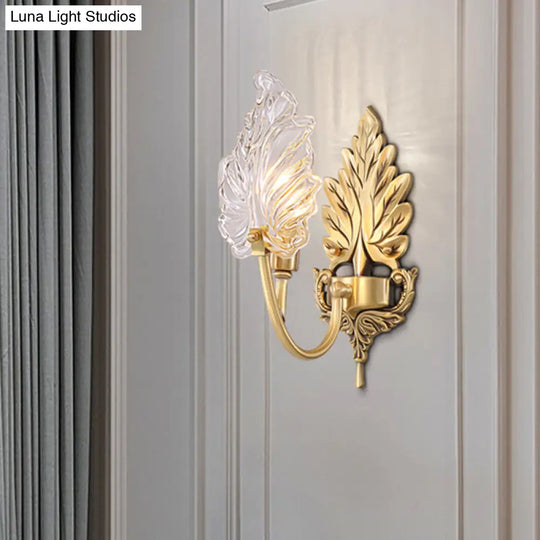 Brass Arched Wall Sconce With Clear Glass And Palm Leaf Design 1-2 Lights