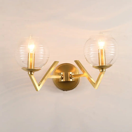 Brass Ball Sconce Light With Ribbed Glass Shade - Simple Wall Mount Lamp 2 /