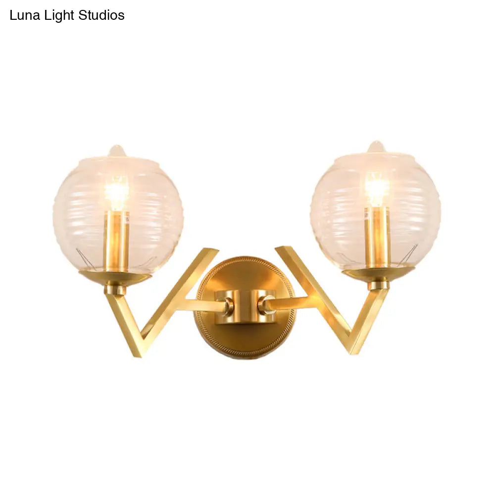 Brass Ball Sconce Light With Ribbed Glass Shade - Simple Wall Mount Lamp