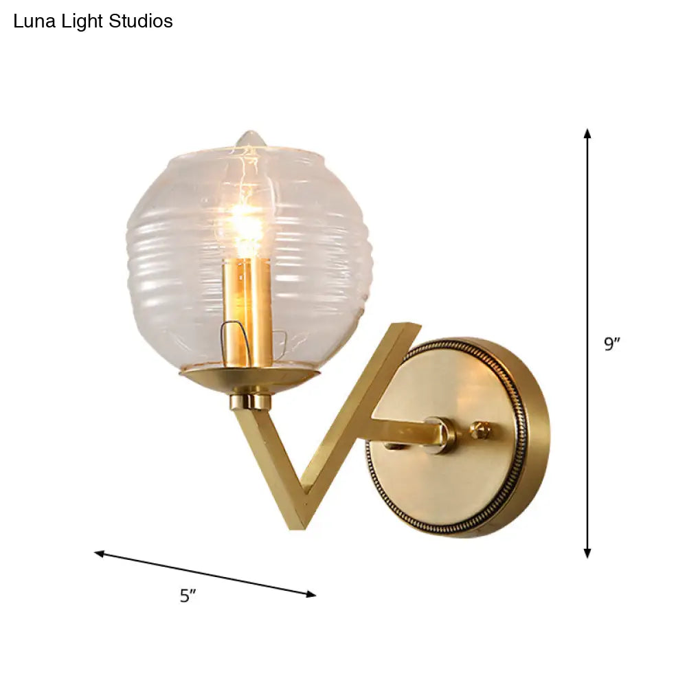 Brass Ball Sconce Light With Ribbed Glass Shade - Simple Wall Mount Lamp