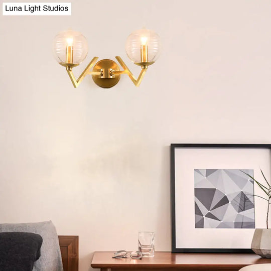 Brass Ball Sconce Light With Ribbed Glass Shade - Simple Wall Mount Lamp