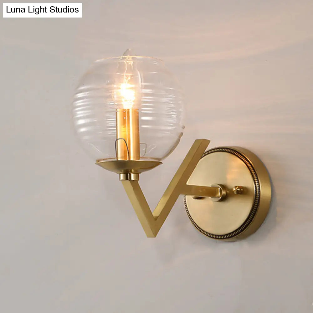 Brass Ball Sconce Light With Ribbed Glass Shade - Simple Wall Mount Lamp