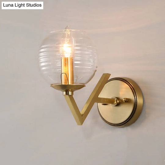 Brass Ball Sconce Light With Ribbed Glass Shade - Simple Wall Mount Lamp