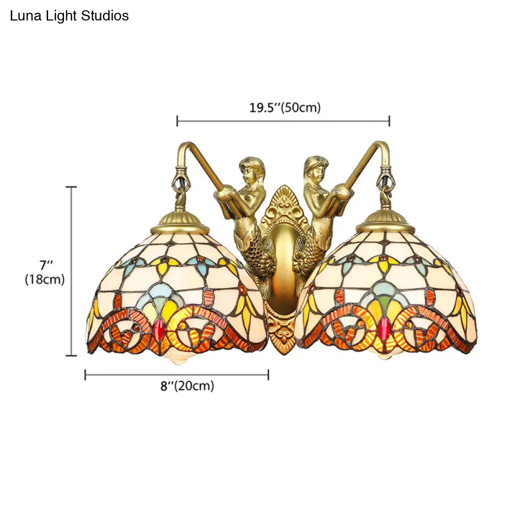 Brass Baroque Wall Sconce Light With 2 Beige Glass Heads And Mermaid Design