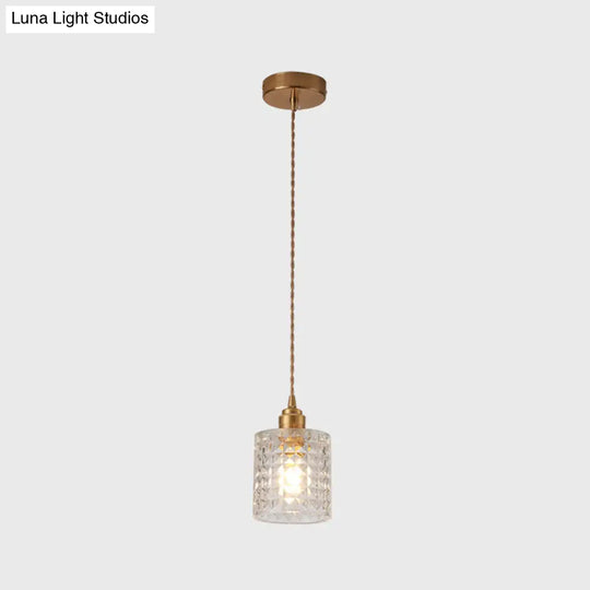 Modern Brass Bedside Pendant Lamp With Clear Glass Shade - Single-Bulb Pendulum Light / Cylinder