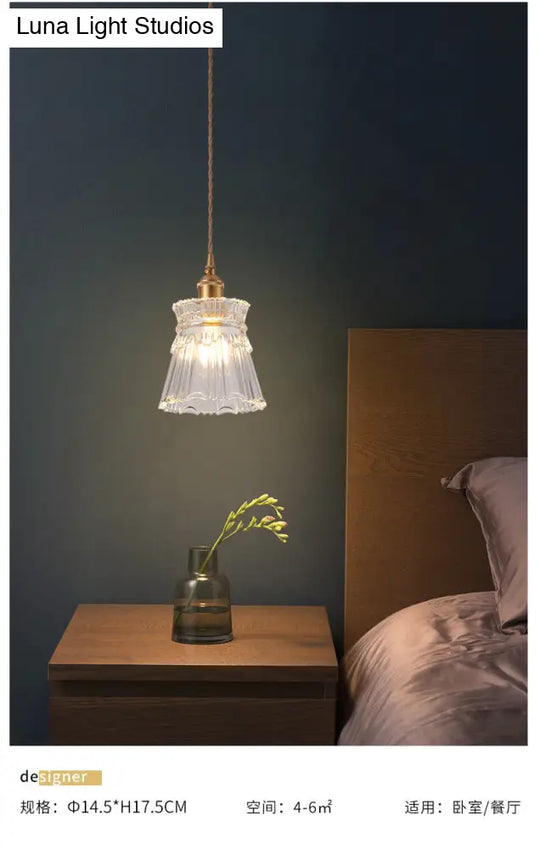 Modern Brass Bedside Pendant Lamp With Clear Glass Shade - Single-Bulb Pendulum Light