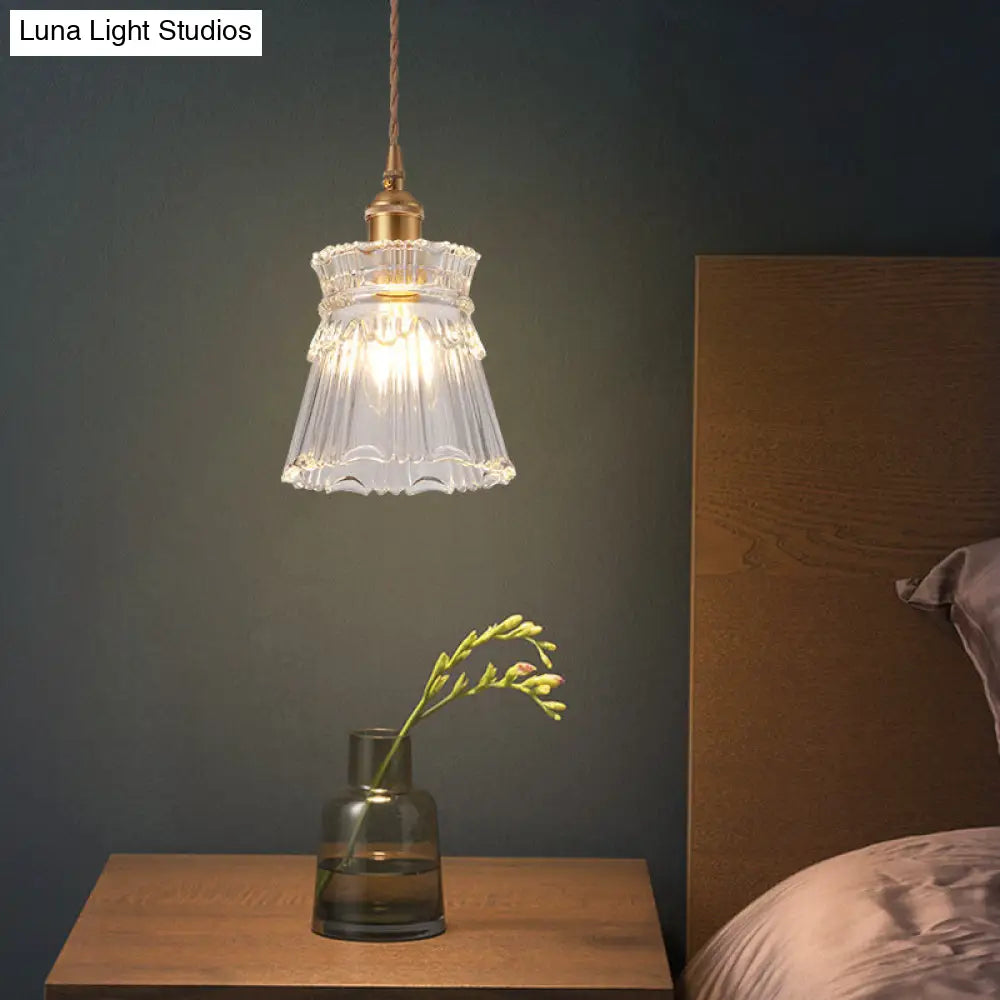 Modern Brass Bedside Pendant Lamp With Clear Glass Shade - Single-Bulb Pendulum Light