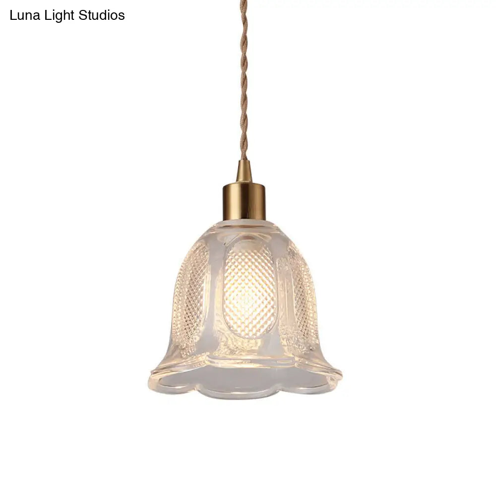 Modern Brass Bedside Pendant Lamp With Clear Glass Shade - Single-Bulb Pendulum Light