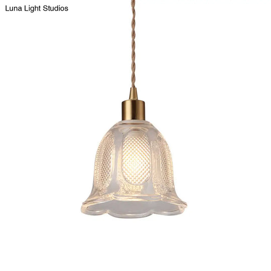 Modern Brass Bedside Pendant Lamp With Clear Glass Shade - Single-Bulb Pendulum Light