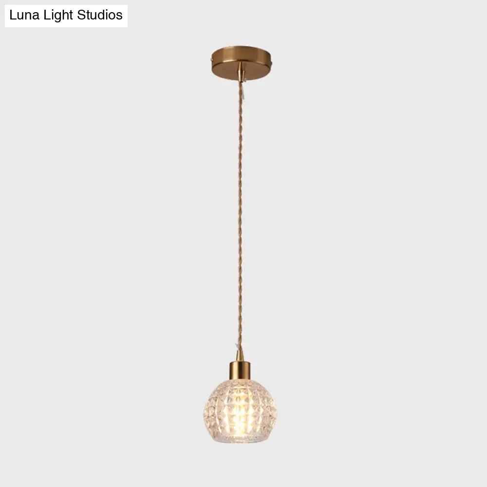 Modern Brass Bedside Pendant Lamp With Clear Glass Shade - Single-Bulb Pendulum Light / Globe