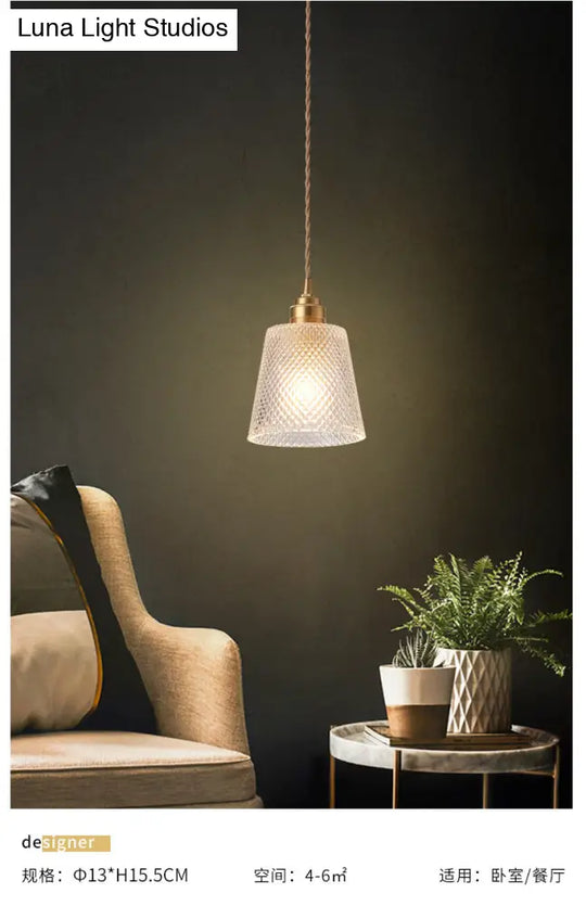 Brass Bedside Pendant Lamp With Clear Glass Shade