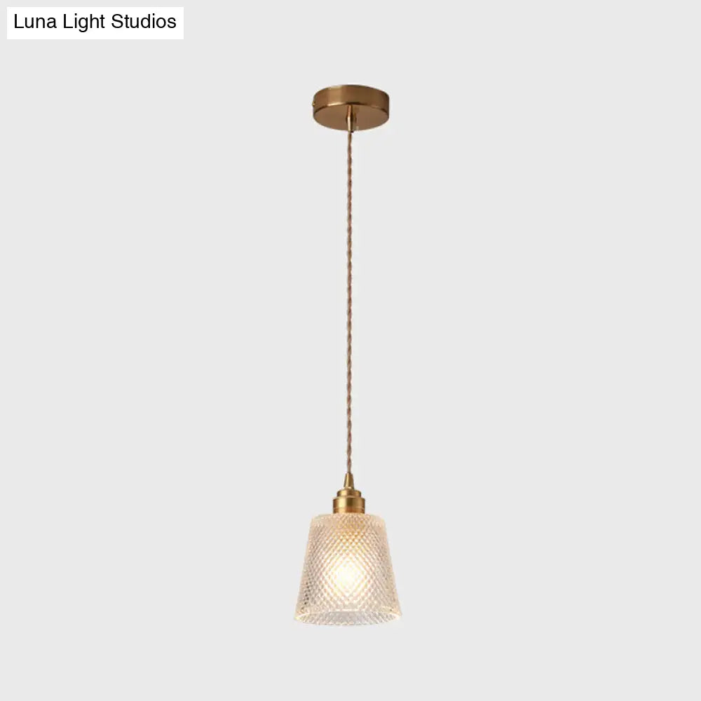 Modern Brass Bedside Pendant Lamp With Clear Glass Shade - Single-Bulb Pendulum Light / Cone