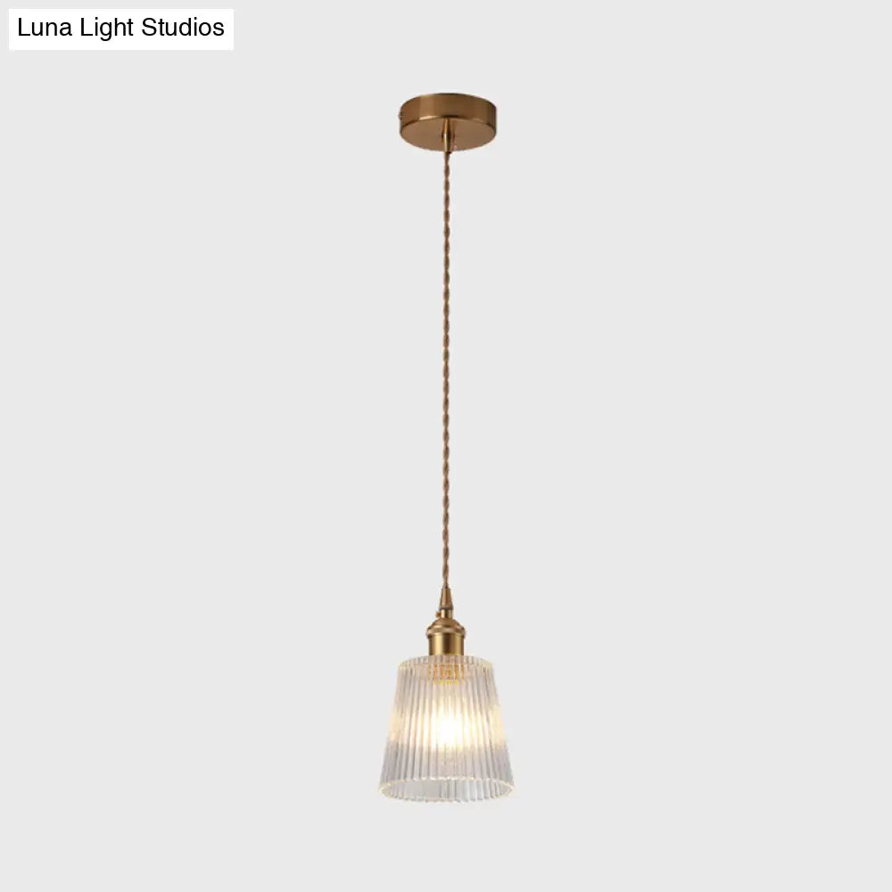 Modern Brass Bedside Pendant Lamp With Clear Glass Shade - Single-Bulb Pendulum Light / Prismatic