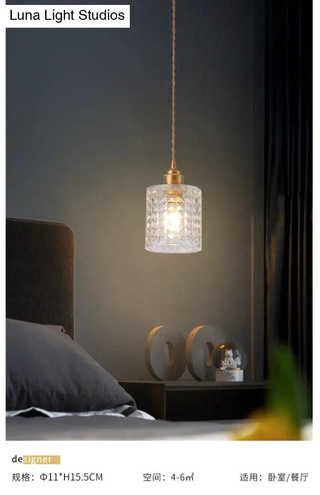 Modern Brass Bedside Pendant Lamp With Clear Glass Shade - Single-Bulb Pendulum Light