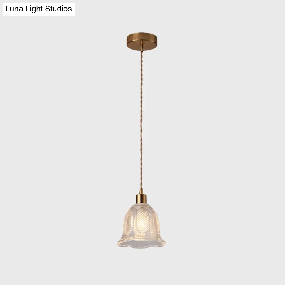 Modern Brass Bedside Pendant Lamp With Clear Glass Shade - Single-Bulb Pendulum Light / Flower