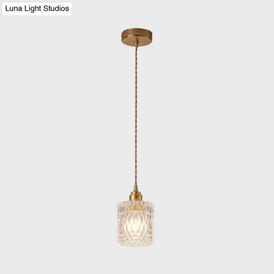 Modern Brass Bedside Pendant Lamp With Clear Glass Shade - Single-Bulb Pendulum Light / Trellis