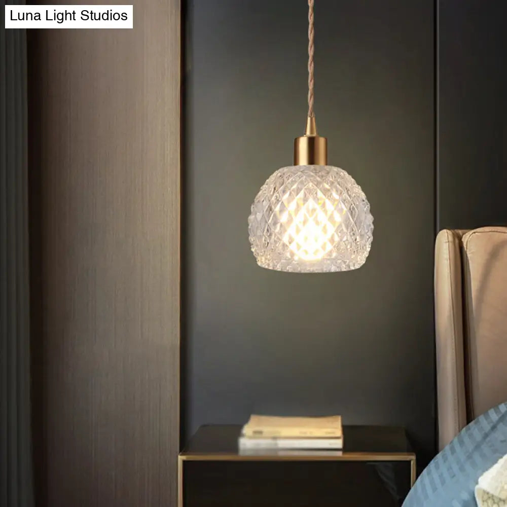 Modern Brass Bedside Pendant Lamp With Clear Glass Shade - Single-Bulb Pendulum Light