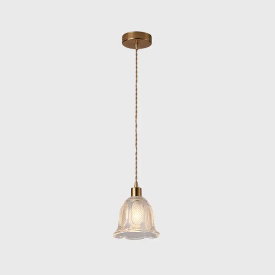 Brass Bedside Pendant Lamp With Clear Glass Shade / Flower