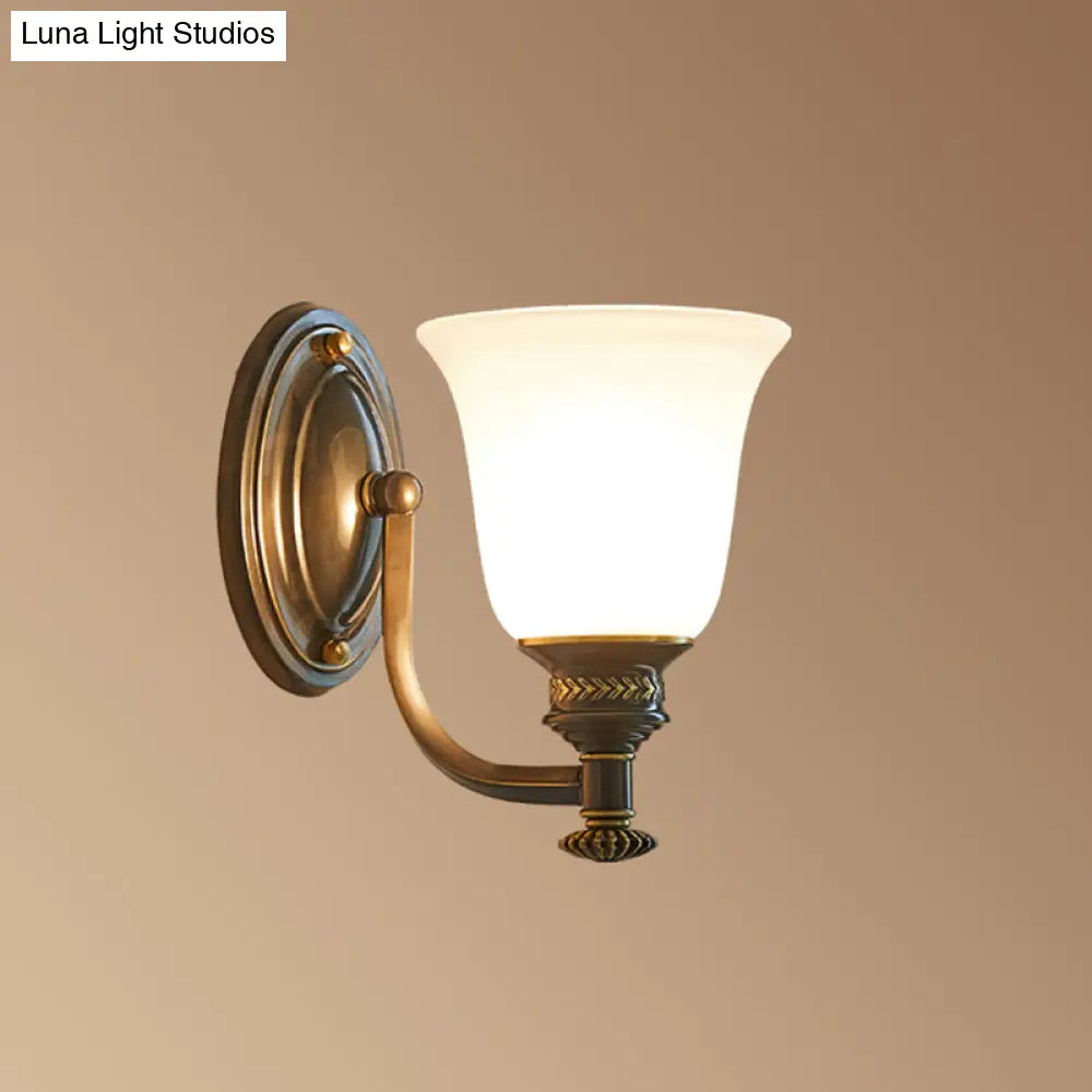 Brass Bell Wall Light With Classic White Frost Glass - Bedside Mount Fixture