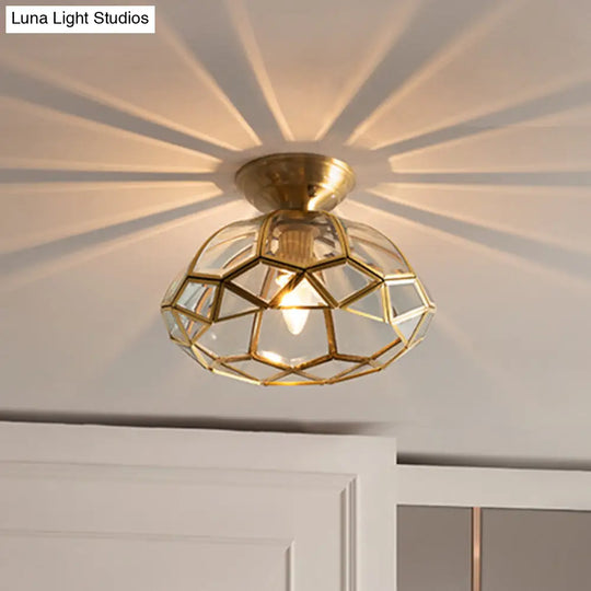 Brass Bowl Shaped Ceiling Fixture With Clear Glass Semi Mount Lighting