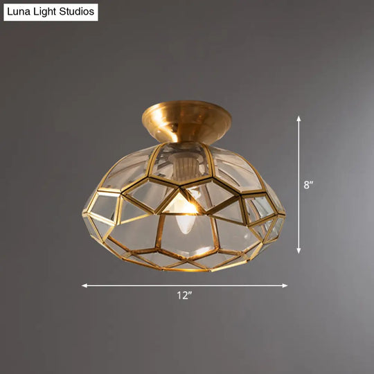 Brass Bowl Shaped Ceiling Fixture With Clear Glass Semi Mount Lighting